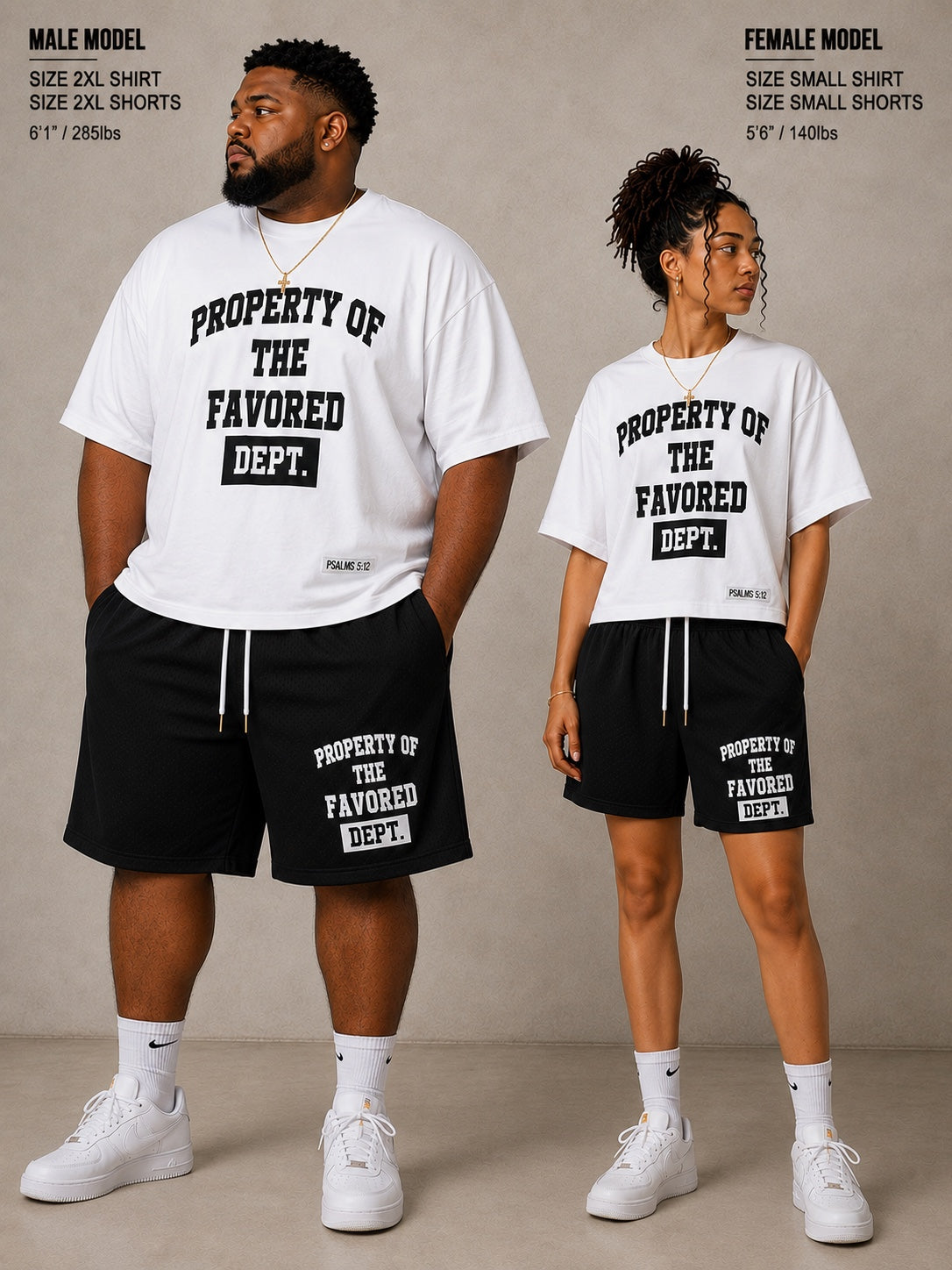 PROPERTY OF THE FAVORED DEPT. T-shirt and shorts set in black and white